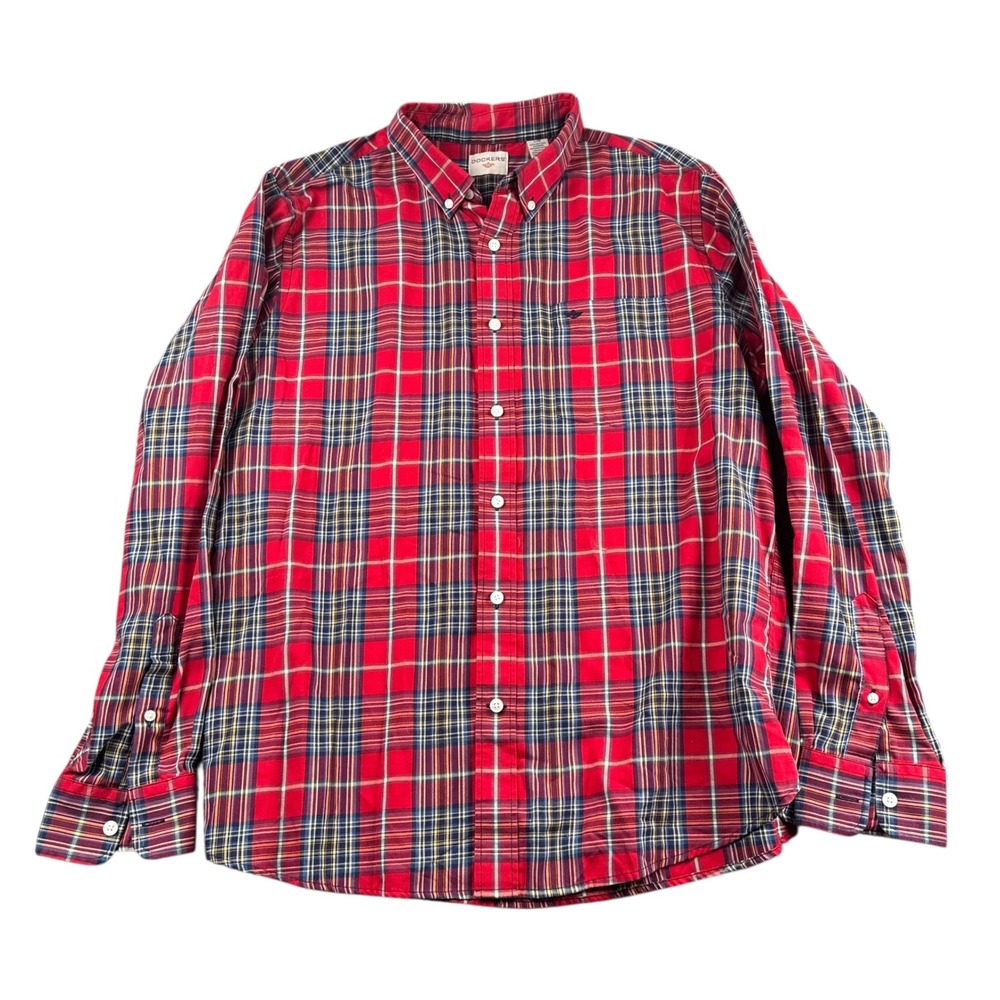 DOCKERS Mens Classic Fit Plaid Long Sleeve Button Down Shirt Red Blue LG WP211